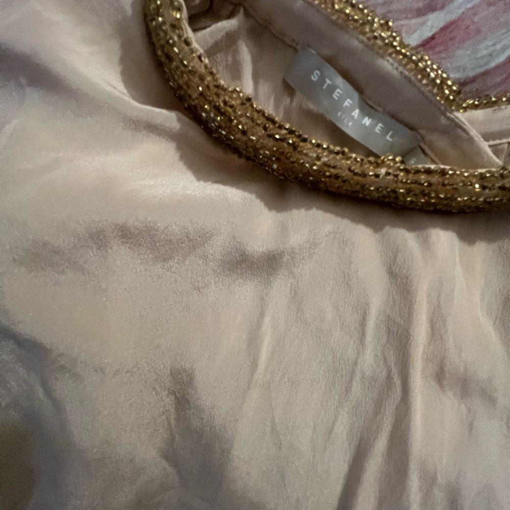 Stefanel Silk Peach Beige Top with Gold Embellished Collar